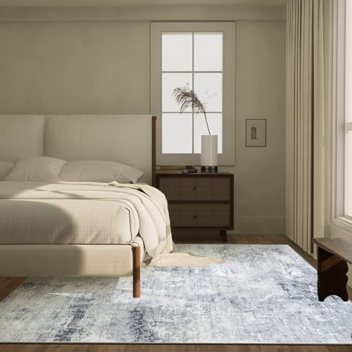 Washable Living Room Area Rug: 5'x7' Bedroom Rug Abstract Distressed Large Rug Stain Resistant Non Slip Low Pile Faux Wool Soft Rugs for Indoor Dining Room Bedside Kitchen Entryway Nursery Dorm Office
