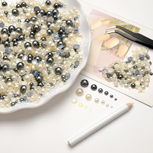 Bouiexye 80g Mix Flatback Pearls and Rhinestones for Crafts Silver Gray White Mixed Size 2mm-10mm Half Round Pearls Rhinestones for Nail Art Tumblers Shoes DIY Bedazzling with Tweezers Wax Pen