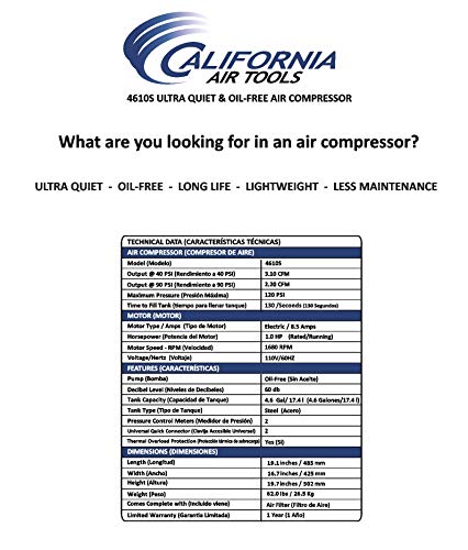 California Air Tools Cat-4610S Ultra Quiet & Oil-Free 1.0 Hp 4.6 Gallon Steel Twin Tank Electric Portable Air Compressor, Silver #TOP5