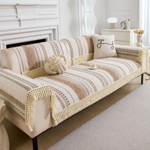 Image of HOMETHREADS Innovative European Premium Style Anti Slip Cotton Sofa Cover Mat with PVC Backing for Non-Slip Comfort (Beige, 2Pc Armrest Mat | 70x50cm)