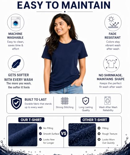 Image of Women's 100% Cotton T Shirt - Crew Neck, Short Sleeve, Regular Fit | Soft Breathable Fabric | Premium Everyday Basic Comfort Fit Tee for Casual