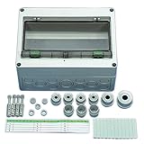 Der Stromverteiler ist für 12 TEs ausgelegt die sich auf eine Reihe verteilen lassen. Vorgestanzte Kabeldurchführung können von Hand und ohne Bohren entfernt werden