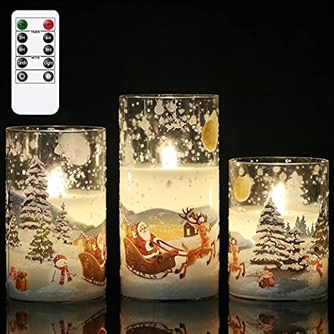 DRomance White Christmas Glass Flickering Flameless Candles Battery Operated with 10-Key Remote and Timer Set of 3 Real Wax Holiday LED Window Pillar Decor Candles(Santa Decal, 3 x 4, 5, 6 Inches) Cover