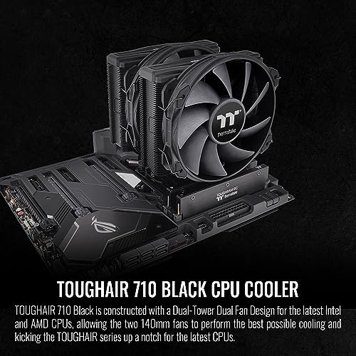 Image of Thermaltake TOUGHAIR 710 Black Edition 250W TDP CPU Cooler, Intel LGA 1851 /1700 /1200, AMD AM5 /AM4, Dual-Tower Dual Fan Design, Copper Base with 7 Heat Pipes, CL-P117-CA14BL-A