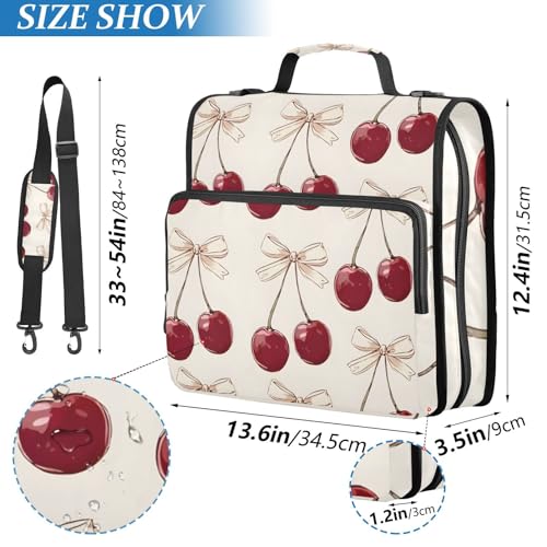 Image of Cherry Pink Bow Cherries Zipper Binder Bag 3 Ring Binder with Shoulder Strap Zip Up 500 Sheets Capacity Multi Pockets for School Office Supplies