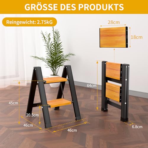 KULACO Trittleiter, 2 Stufen Klappbar Aluminium Klapptritt, Stufenleiter mit Breitem Anti-Rutsch Pedal, Leichte Stehleiter bis 150 kg, Leiter Faltbar Haushaltstritt für Haushalt, Büro, Garage