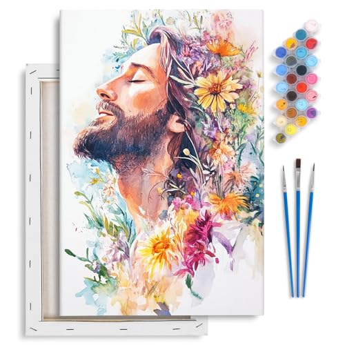 Yezavesu Framed Paint by Numbers Kit for Adults Beginner & Kids Ages 8-12, Jesus Paint by Numbers with Frame, DIY Number Painting for Adults Colorful Flowers for Home Wall Decor Gift 8X 12 inch