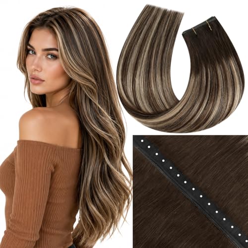 Image of Moresoo Butterfly Weft Hair Extensions Human Hair, Invisible Genius Weft, Medium Brown Mixed with Caramel Brown 16 Inch 80g, OVO PU Hole, Straight Soft Remy Hair, Simple Installation