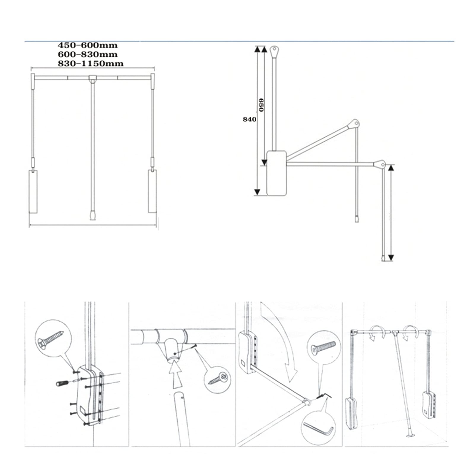 Adjuble Wisząca szyna do szafy z miękkim domykaniem - 450-1150 mm pantograf z podnośnikiem olejowym, pojemność 30 kg - idealny nizer do szafy dla efektywnej oszczędności miejsca