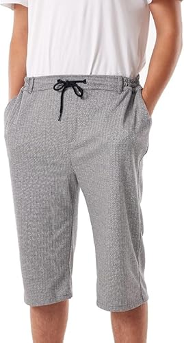 USRA 3/4 Capri Pants Rope Belt Below Knee Shorts with Pockets Flexible Athletic Yoga Pants for Men Flexwaist Stretchy Casual Fashion Jogger Beach Activewear Drawstring Viscose (Herringbone Black)