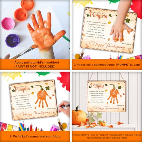 Image of DIY Personalized My Little Pumpkin Poem Handprint Art Sign Crafts, Pumpkin Kids Craft, Happy Thanksgiving Fall Autumn Art Project Memory Keepsake Infant Babies Toddler Preschool PreK Handprints Plaque