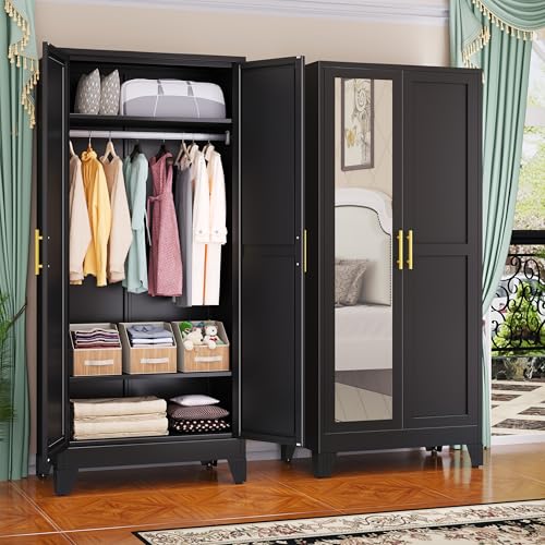 Image of GAIOUS Metal Wardrobe Cabinet with Mirror and Hanging Rod, 71 inch Black