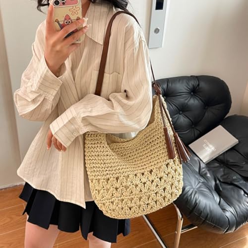 Women's Straw Woven Tote Bags Boho Handmade Crochet Wicker Hobo Shoulder Purse Summer Beach Travel Vacation Handbags2