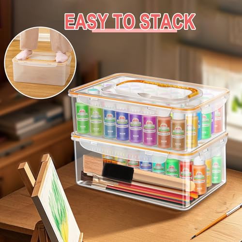 Image of Vowcarol Acrylic Paint Storage Box for 2 fl. oz Acrylic Paints, 48 Bottles Capacity, Brushes Craft Organizer with Handle