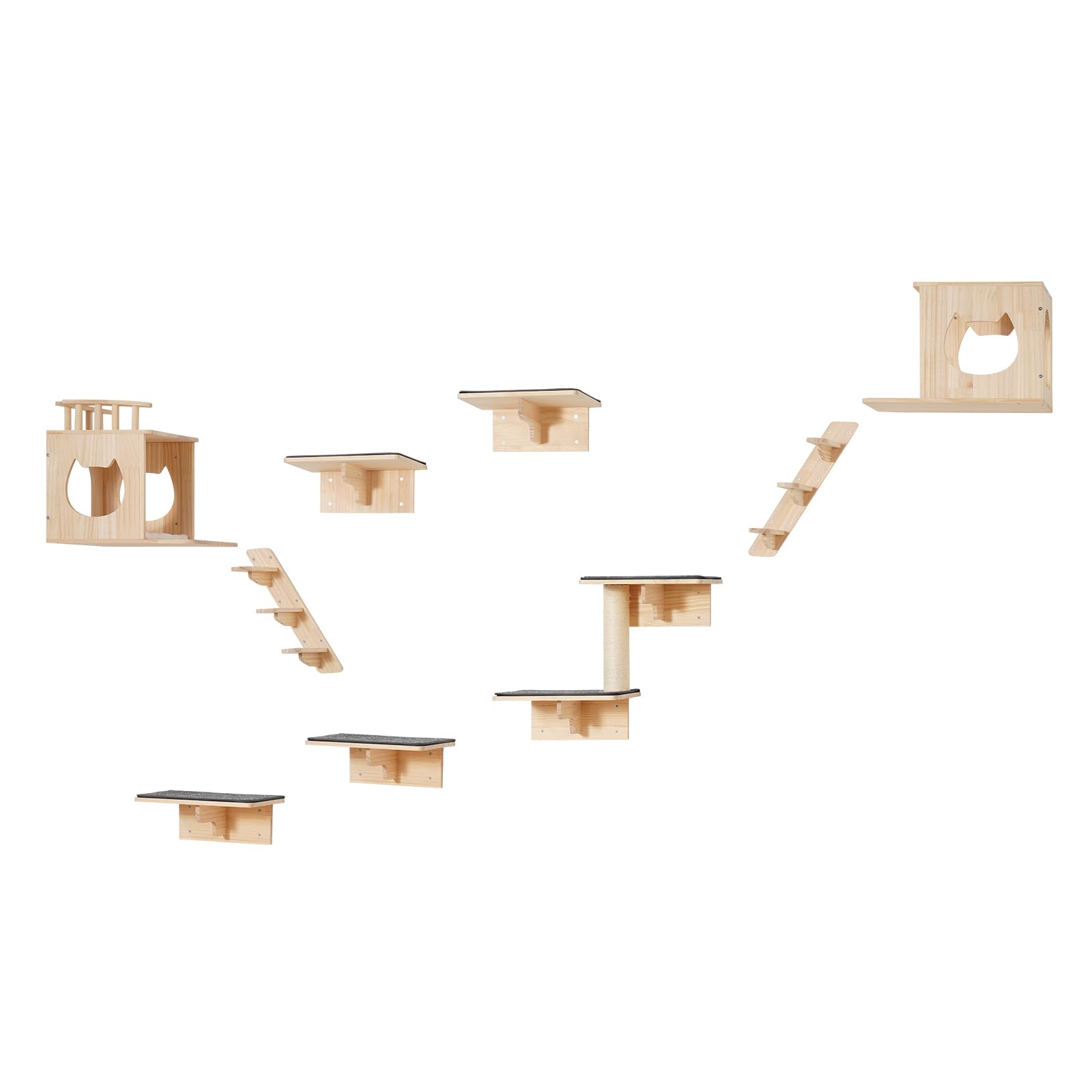 VEVOR Mensole da Parete per Gatti Set da 9, Posatoi Montati a Parete per Gatti con Trampolini, Cucce per gatti, Amache, Set di Mobili da Parete per Gatti Fino a 18,14 kg per Dormire, Arrampicarsi