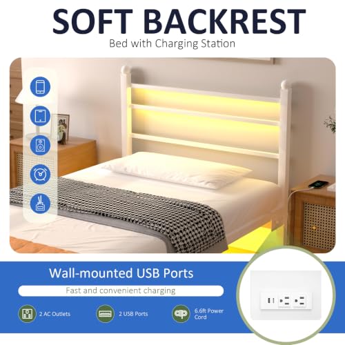 Image of J.Fkne Twin Bed Frame with LED Lights & Charging Station, Metal Platform Bed with Headboard, Heavy Duty Metal Slats, No Box Spring Needed, Noise Free, Easy Assembly, White