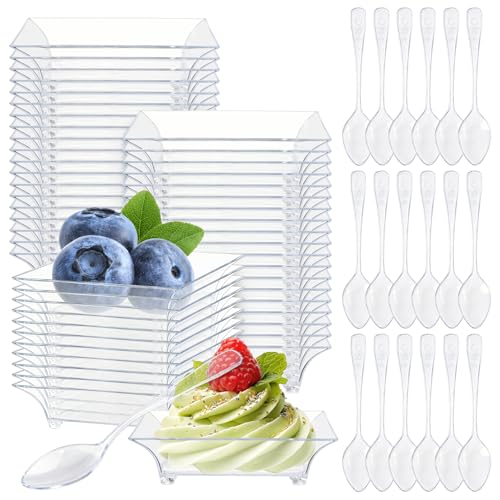 GothaBach 50 Pcs Mini Dessert Plates with Tasting Spoons 2.4 Inch Clear Disposable Appetizer Plates Small Plastic Tray Mini Plastic Dish for Sauce Dessert Fruit Appetizer Party Wedding
