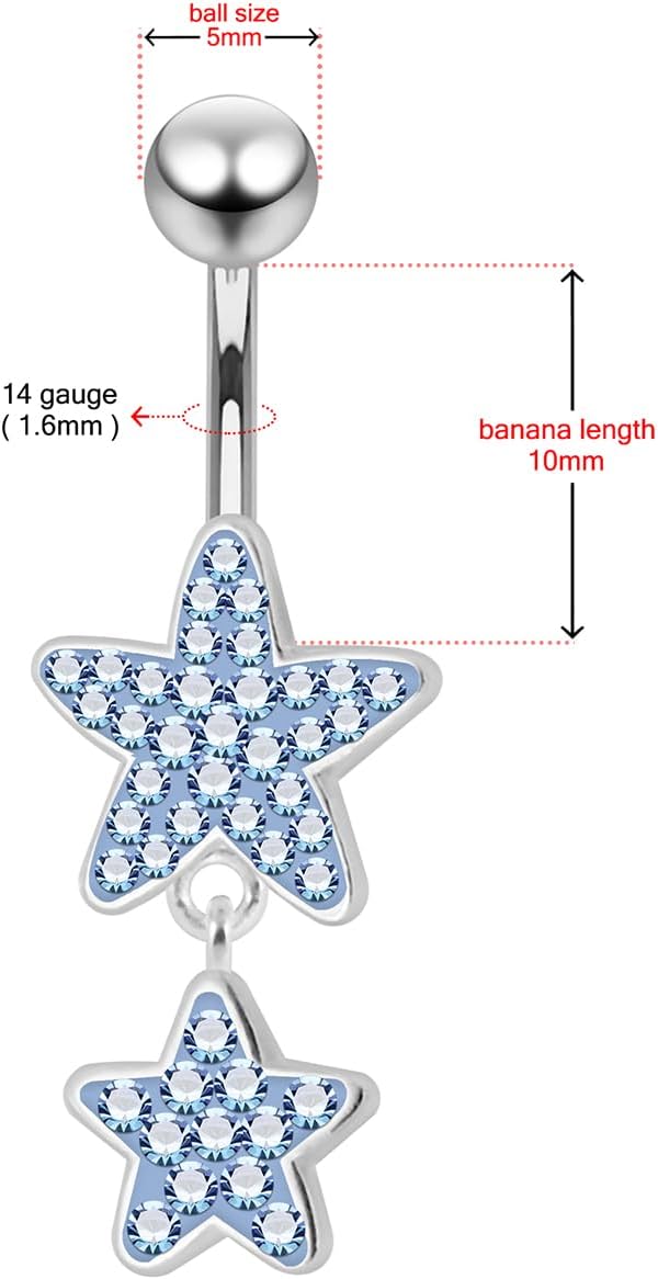 Multi Crystal Gemstone Stylish Colorful Double Star Design 925 Sterling Silver with Stainless Steel Belly Ring - Belly Button jewelry - Navel jewelry