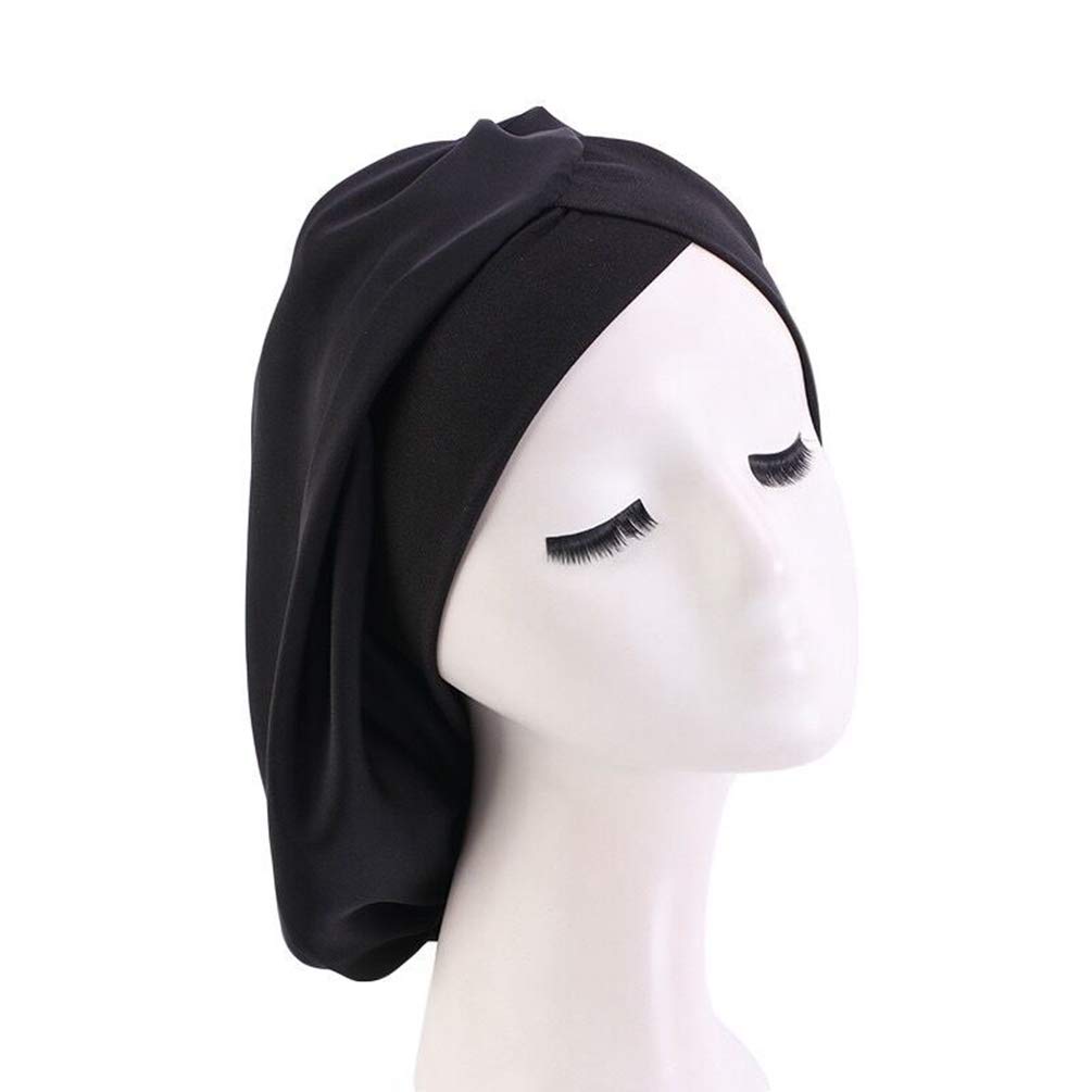 AOOMN, Women Satin Lined Sleep Bonnet Hair Cap Sleeping Slouchy Hat Slap Headwear for Curly Frizzy Hair (Pure black), Medium-Large