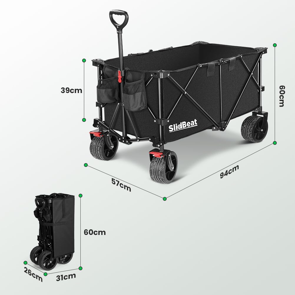 SLIDBEAT XXXL Bollerwagen Faltbar mit Bremsen, 300L 226KG Faltbollerwagen Große Räder, Getränkehalter Verstellbarem Griff Klappbar Bollerwagen Für Strand Garten Camping Shopping Transport Trolley