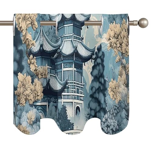 Cortinas con cenefa de estilo chinoiserie de pagoda azul, pack de 2 para cocina 5