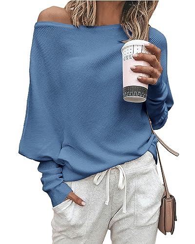 Zenlonr Women's Fall Sweaters 2025 Casual Long Batwing Sleeve Loose Off Shoulder Knit Pullovers Jumper Tops(Blue,Small)