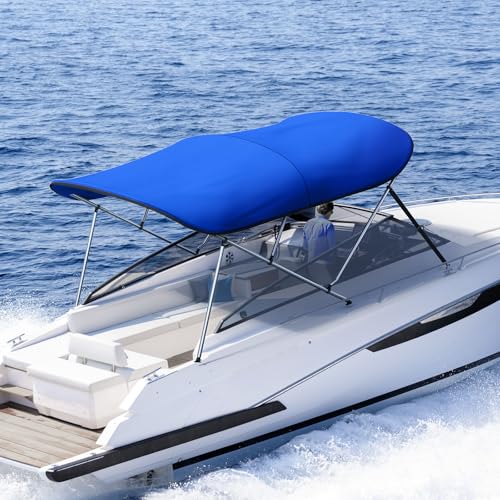 KING BIRD 3-4 Bow Bimini Boat Top Cover Sun Shade Boat Canopy Waterproof 1 Inch Stainless Aluminum Frame 46" Height with Rear Support Poles and Storage Boot 6 Colors -11 Sizes Royal Blue 4 B
