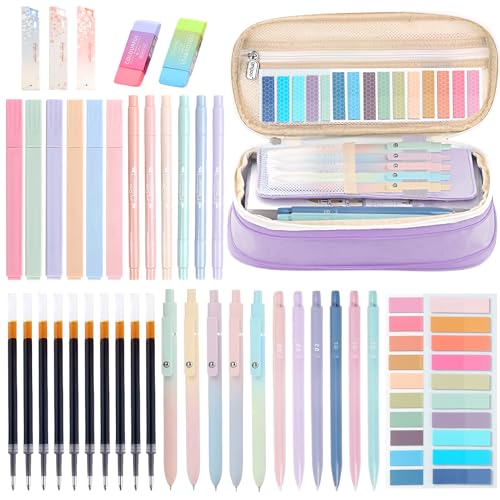 Fournitures de papeterie violettes avec trousse, surligneurs et stylos