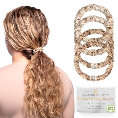 Curlfriend Mulberry Silk Skinny Scrunchies, Platinum/Warm Blonde, 4 Pack