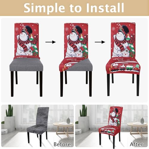 Image of SearchI Christmas Chair Covers Set of 6, Stretch Xmas Kitchen Chair Cover Removable Washable Holiday Parsons Chair Slipcovers for Dining Room, Christmas Decoration, Ceremony(Christmas-Snowman)