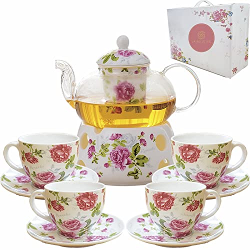 Tea Sets for Women, Teapot with Infuser and Tea Warmer, Glass Tea Pots for Loose Leaf Tea and Flowering Tea, Tea Cup and Saucer Set of 4, Porcelain, Gifts for Tea Lover, Mom, Birthday, Christmas