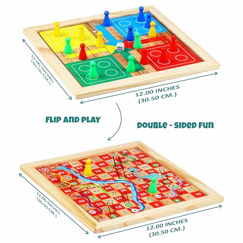 Image of ToyAffair 2 in 1 Wooden Ludo and Snakes Ladders Board Game (31 x 31 cm) Double Sided Family Strategy Game Set for Kids and Adults Age 6 + 2 to 4 Players Indoor Travel Board Game