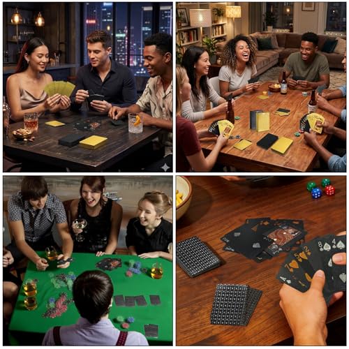 Feruchun 2 Jeux de Cartes 54,Jeu de Carte Imperméable,Carte Poker Plastique,Playing Cards pour Bridge, Blackjack (Noir + Or) – vue 7