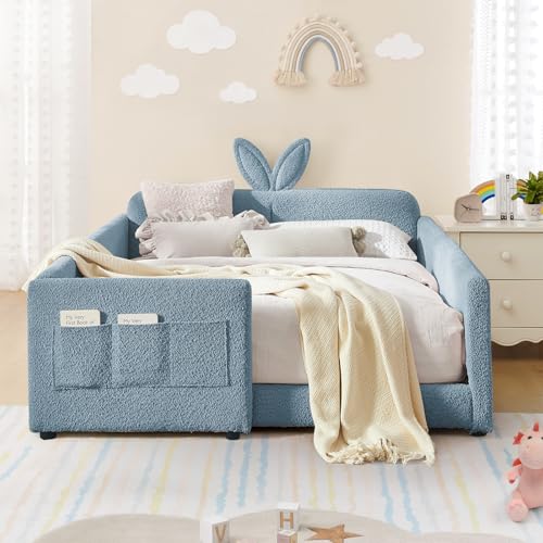 Image of Full Size Kids Bed with Rabbit Ear Headboard, Upholstered Boucle Fabric Full Daybed with Slats Support & Side Pockets, Space-Saving Wooden Corner Sofa Couch Bed Frame for Girls, Boys, Teenager(Blue)