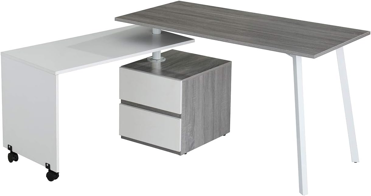Adjustable L-Shaped Computer Desk with Rolling Tabletop for Multiple Configurations, Two-Drawer Cabinet, and Sturdy Steel Legs – Space-Saving, Ergonomic Design for Home Office or Workspace, Grey