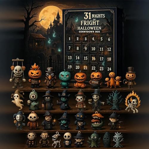 31 Nights of Fright - Caja de cuenta regresiva de Halloween con figuras, calendario de Adviento de Halloween 2026, caja de regalo, mini decoraciones y dijes colgantes, figuras de terror coleccionables