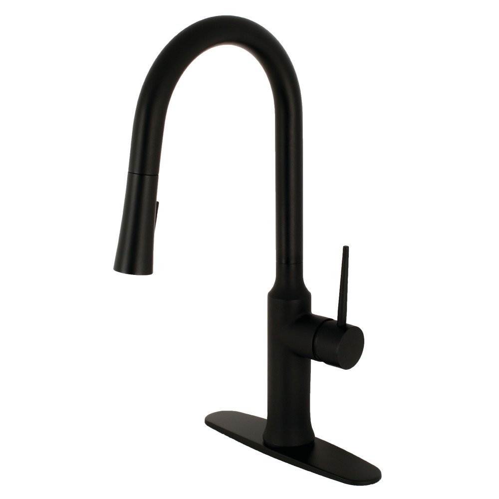 Kingston Brass LS2720NYL Grifo de cocina desplegable de una sola manija, negro mate, 8 pulgadas de alcance de boquilla