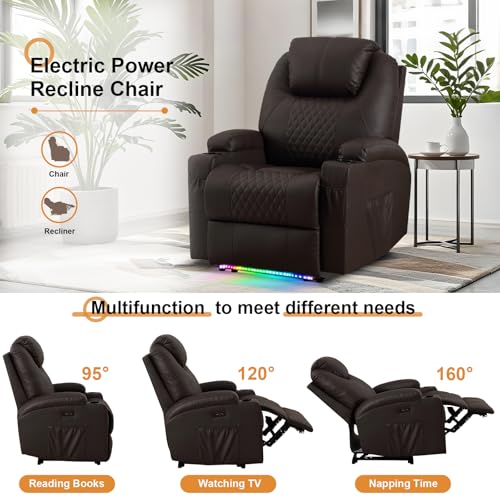 AHMED Power Recliner Chair with Vibration Massage & Heat for Adults, Faux Leather Home Theater Seating with Cup Holders/LED Lights/USB Ports/Side Pockets for Living Room, Brown