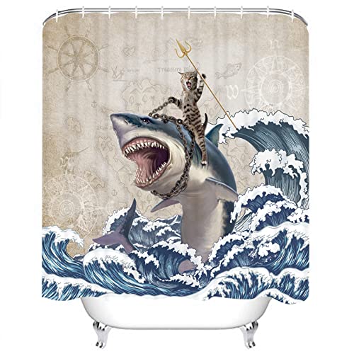 Leitingya Funny Cat Shower Curtain, Cool Cat Riding Shark Shower Curtain, Japanese Ocean Wave Nautical Anchor Shower Curtains For Bathroom, Waterproof Shower Curtain Set 12 Hooks Included -72X72 Inch #TOP1
