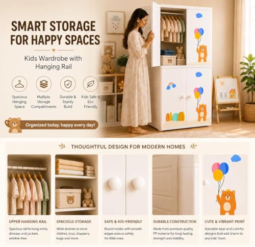 Image of HIWARE Premium Modular Wardrobe for Bedroom, Kids Room and Home | Spacious Clothes Storage Cabinet with Drawers and Shelves | Modern Stylish Design, Heavy Duty, Multiuse Organizer- SJ6529-Balloon-Bear