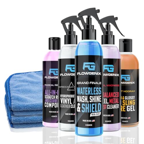 Image of Grand Slam 5-Pack - Waterless Car Wash Detailing Spray, Tire Shine Gel, Scratch Remover, Wheel Metal Rust Cleaner, Interior Cleaner & Protector, 2 Microfiber Towels