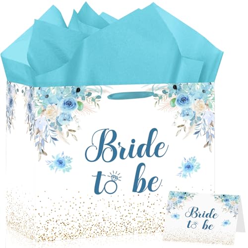 Yomaiha Bride Gift Bag Blue Bridal Shower Gift Bag with Tissue Paper and Card Bridal Shower Wrapping Paper Bags Blue Floral Bride to Be Gifts for Bachelorette Engagement Wedding Shower Supplies