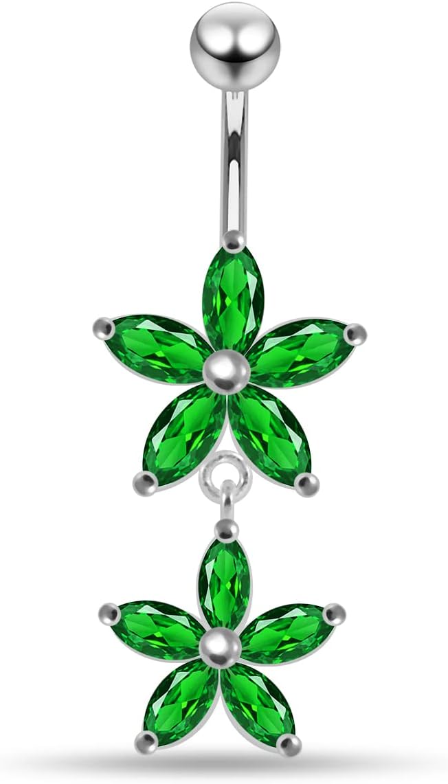 Stylish Double 5 Petals Flower Dangling Design 925 Sterling Silver with Stainless Steel Belly Ring - Belly Button jewelry - Navel jewelry