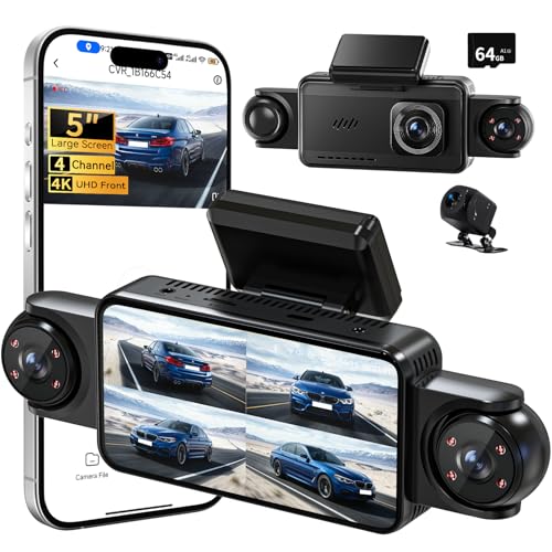 360°View 4 Channel Dash Cam, 5'' IPS Large Screen Dash