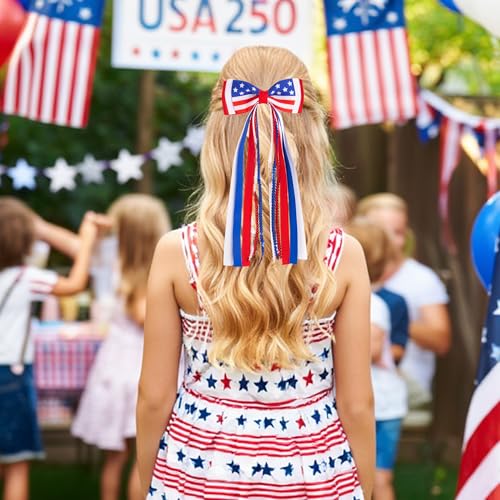 4th of July Patriotic Hair Bows for Girls - Red White Blue Hair Clips with Sparkly Sequin Tail - USA Flag Star Stripe Cheer Hair Accessories for Independence Day, Parade & Fireworks Party Supplies — view 3