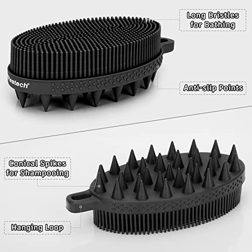 Freatech 2-In-1 Silicone Body Scrubber - Bath Shower Body Brush And Shampoo Brush Scalp Massager Exfoliator, Deep Cleanse Skin & Hair, Lathers Well, Easy To Clean And Long-Lasting, Black #TOP1