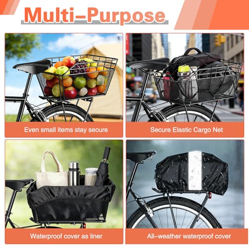 Large Bicycle Basket - Rear Bike Basket with Cargo Net and 2-in-1 Waterproof Cover, Wire Bike Baskets, Large Capacity for Adult Bikes,Electric Bike,Carrying Grocery,Ball,Dog - Thumbnail 4
