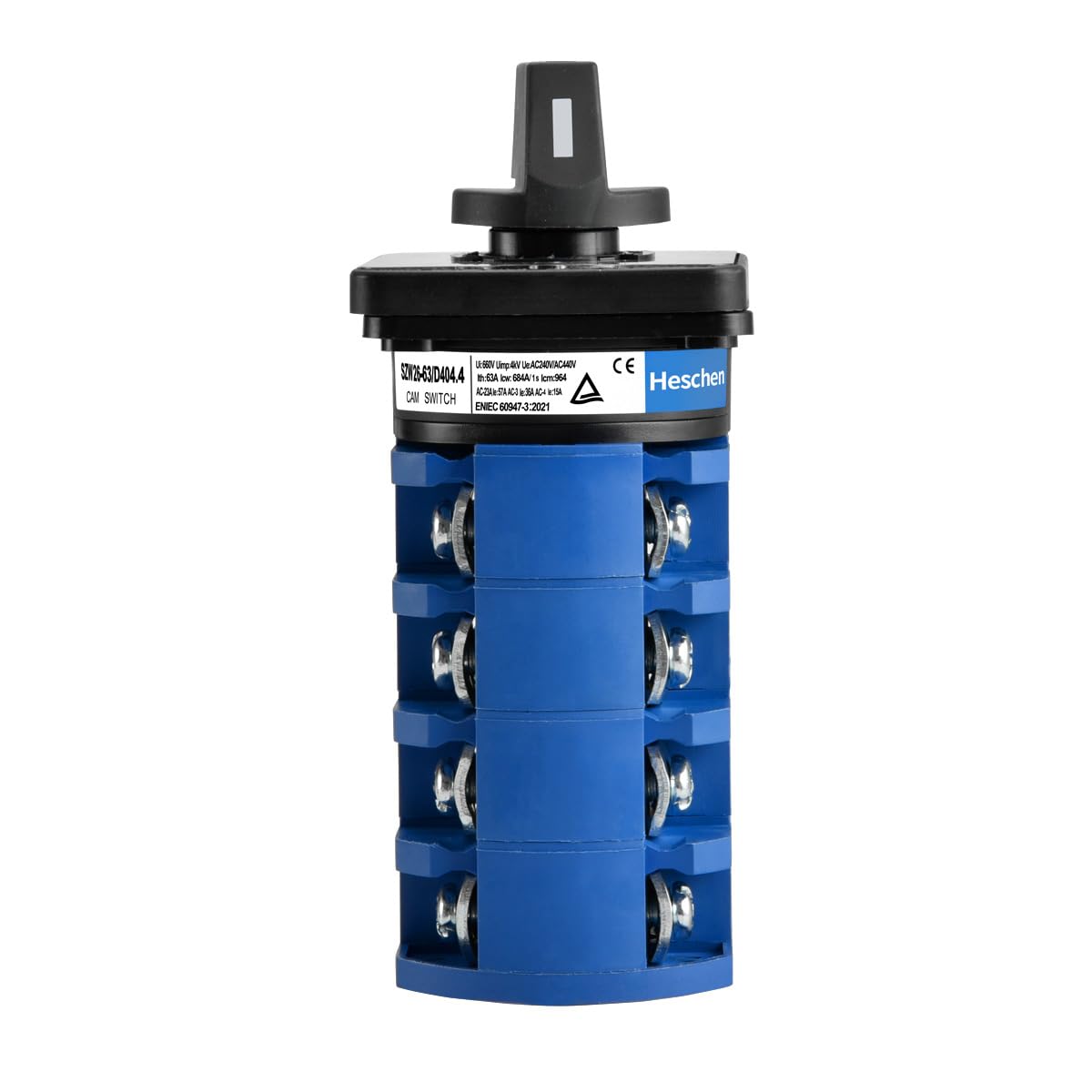 Heschen Commutateur rotatif universel SZW26-63/D404.4 660 V 63 A ON-OFF-ON 3 positions 4 phases 4NO+4NC 16 bornes CE