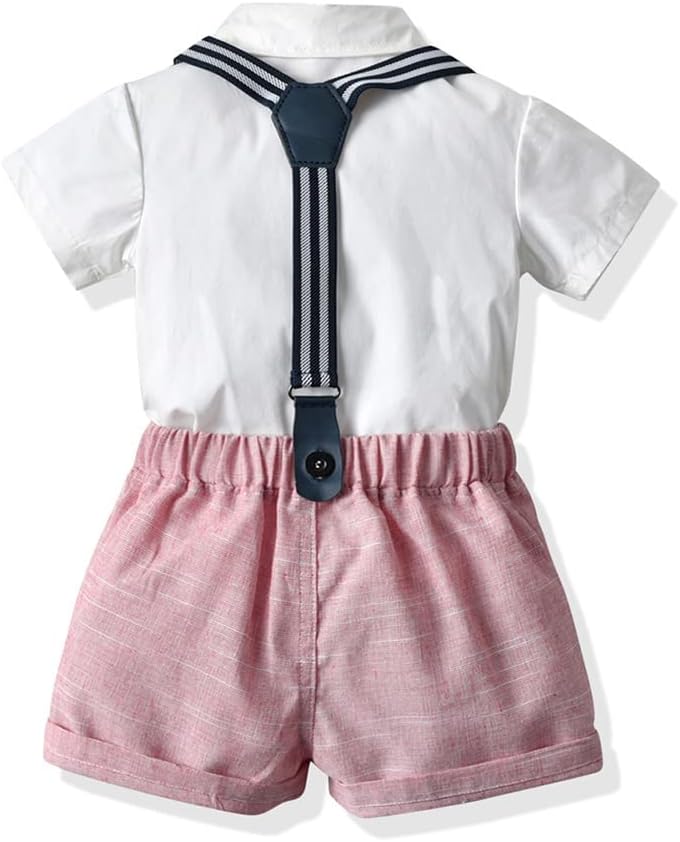 IDOPIP Toddler Kids Baby Boys Formal Suit Gentleman White Shirt with Bowtie + Suspender Shorts Pants Overalls Clothes 1-8T - Image 3