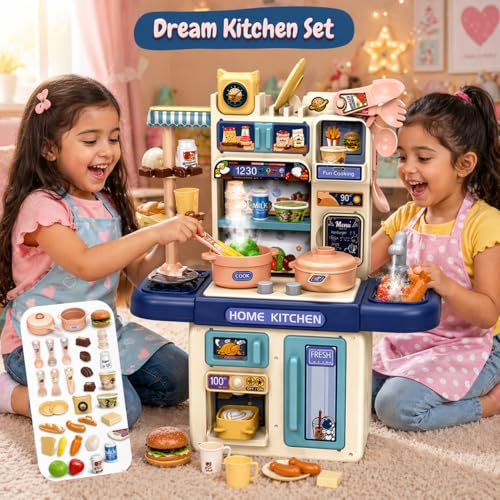 Image of Kids Kitchen Playset with Realistic Steam & Lights | 39 PCS Pretend Play Cooking Set with Sink, Stove, Oven, Fridge & Accessories | Mini Kitchen Toy Set for Girls Age 3+ Year